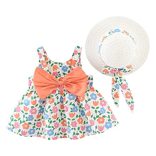 IMEKIS Toddler Girls Hawaiian Rainbow Backless Sundress & Straw Hat