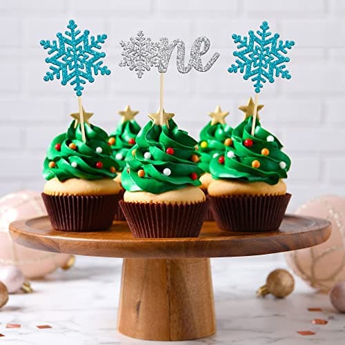 Gyufise 24 Pack Blue Silver Glitter Snowflake Cupcake Toppers for Winter Birthday