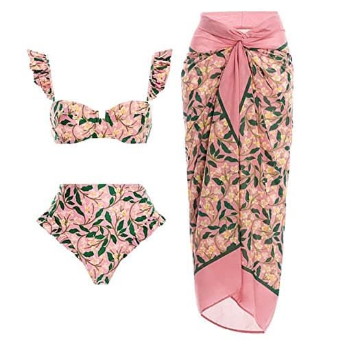 IMEKIS Women's 3-Piece Ruffle Floral Print Vintage Bikini Swimwear for Summer Holiday