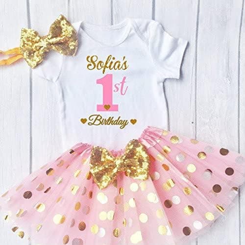Funmunchkins Personalized 1st Birthday Gold & Pink Tutu Outfit