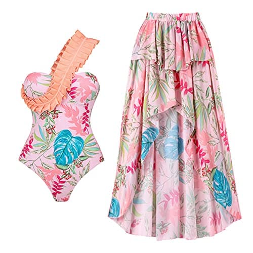Women's One Piece Swimsuit with Floral Sarong Cover Up and Tummy Control