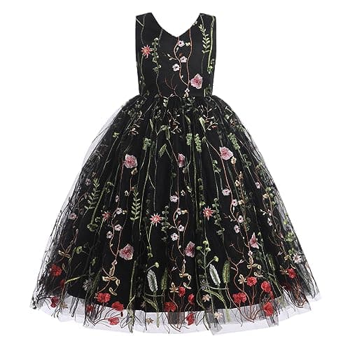 IWEMEK Girls Flower Embroidered Tulle Mesh Dress for Weddings & Birthdays