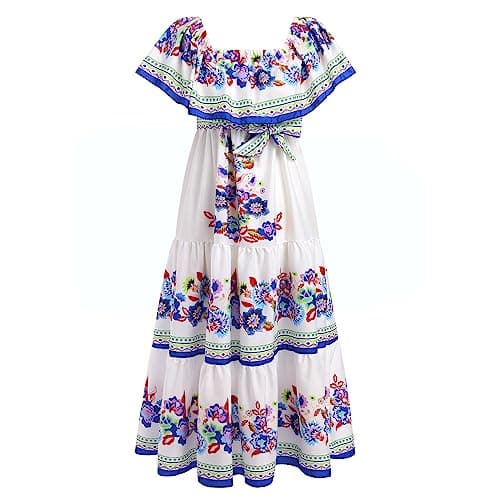 IMEKIS Women Mexican Dress Summer Floral Print Off Shoulder Maxi Gowns