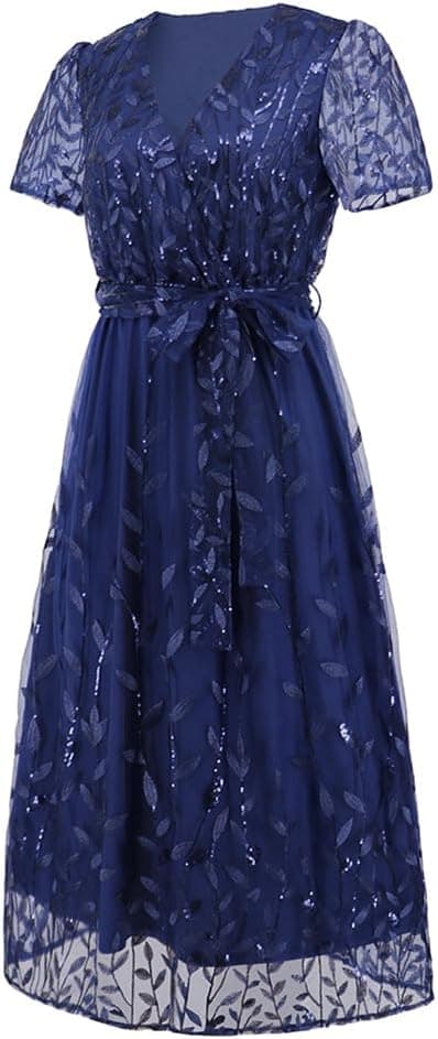 Sparkly V Neck Cocktail Wedding Guest Long Dress Mesh Short Sleeve Floral Embroidered Sequins Maxi Dress