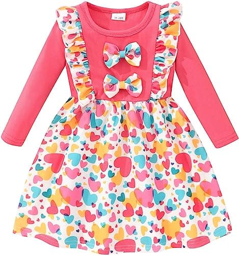 Retsugo Girls' Long Sleeve A-line Print Dress with Bowknot