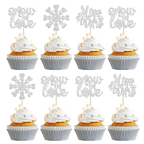 Gyufise 24 Pack Blue Silver Glitter Snowflake Cupcake Toppers for Winter Birthday