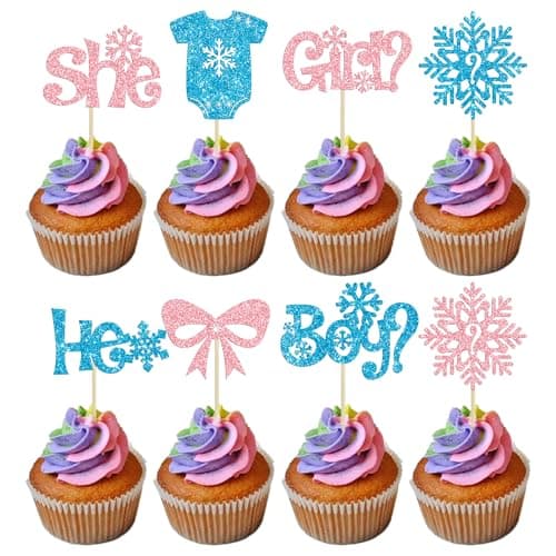 Gyufise 24 Pack Blue Silver Glitter Snowflake Cupcake Toppers for Winter Birthday