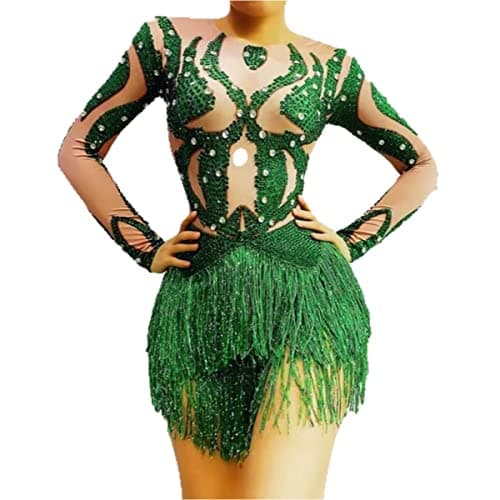 Earthradius Green Rhinestone Fringe Spandex Bodysuit for Women Dancers and Singers