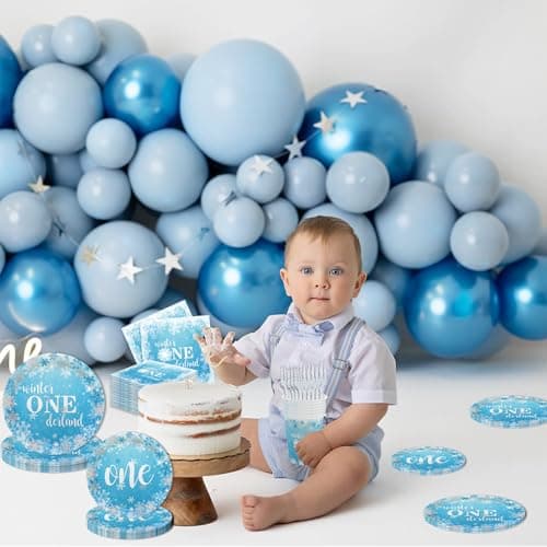 Onederland Blue Snowflake Plates & Napkins for Boy's 1st Birthday