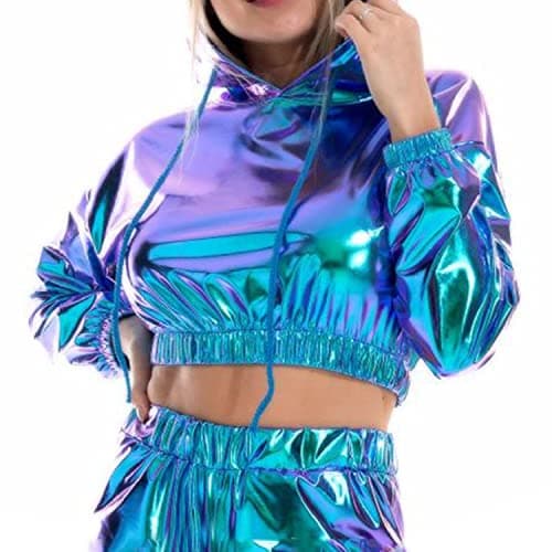 Bornpom Metallic Cropped Hoodie Sweatshirt for Women