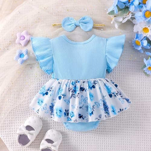 Cute Summer Outfit Set for Baby Girls 0-18 Months Romper Skirt Sleeve Ruffle Bow Headband
