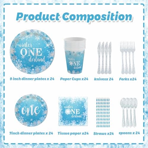 Onederland Blue Snowflake Plates & Napkins for Boy's 1st Birthday