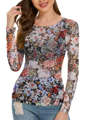 Women's Long Sleeve Bodycon Sheer Blouse See Through Mesh Top