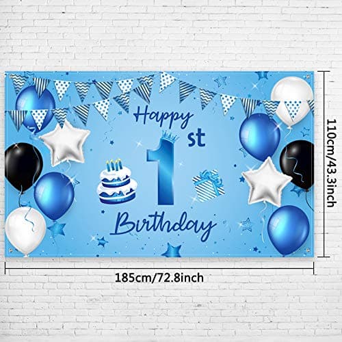 Blue Happy 1st Birthday Backdrop Banner