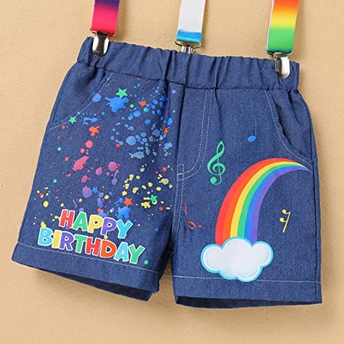 Toddler Boys Birthday Outfit with Melon Print: Romper Top, Jeans Shorts, and Suspenders