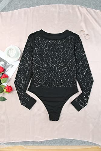 Hotmiss Rhinestone Stud Fishnet Long Sleeve Thong Bodysuit for Women