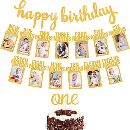 Paready First Birthday Photo Banner, Happy Birthday Decor for Boy or Girl (Silver)