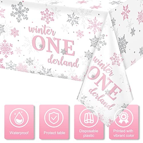Jectivs 6Pcs Christmas Snowflake Tablecloth Pink & Silver Onederland 1st Birthday Decor 54x108inch