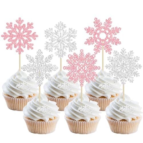 Gyufise 24 Pack Blue Silver Glitter Snowflake Cupcake Toppers for Winter Birthday
