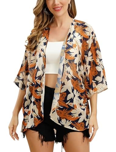 IMEKIS Women's Floral Printed Chiffon Half Sleeve Kimono Cardigan