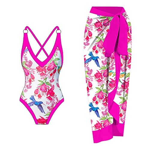 IMEKIS Women’s Floral Print Bikini Set with Wrap Skirt