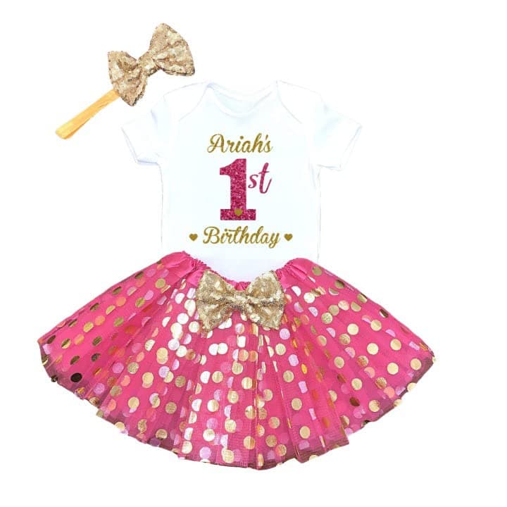Funmunchkins Personalized 1st Birthday Gold & Pink Tutu Outfit