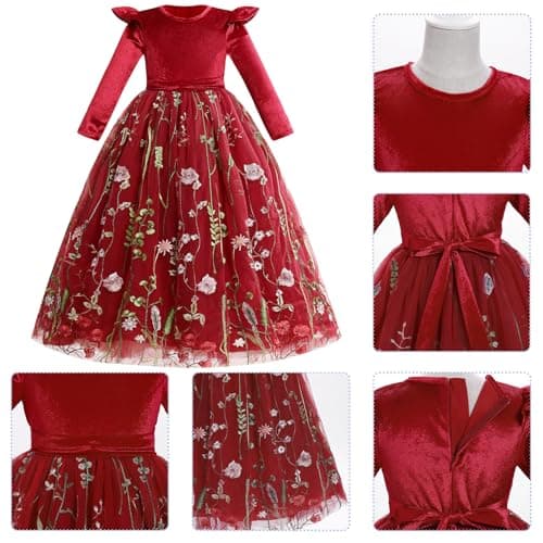 IMEKIS Embroidered Floral Velvet Dress for Toddler Girl Fall Winter 3-12T