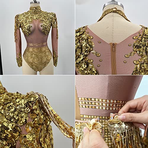 Youmeisha Shiny Sequins Bodysuit & Fringe Rhinestone Dancing Outfit