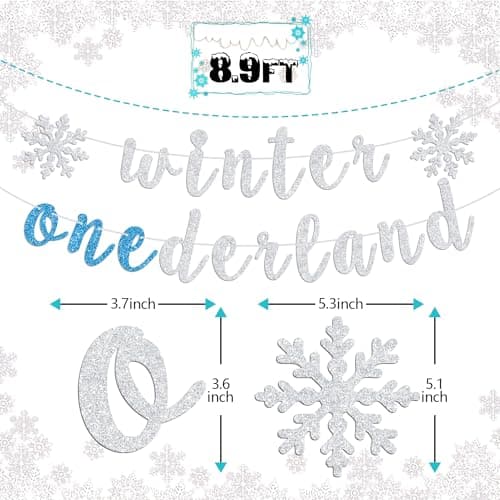 Ferburitar Silver & Blue Snowflake Winter Bunting Sign for 1st Birthday Decorations