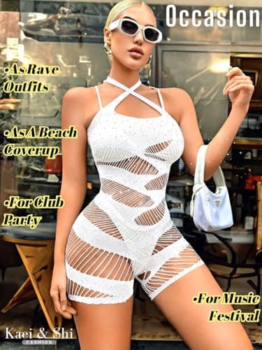 Kaei&Shi Striped Fishnet Sparkly Romper for Rave