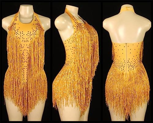HEYDHSDC Sparkly Crystals Fringe Bodysuit Dance Costume