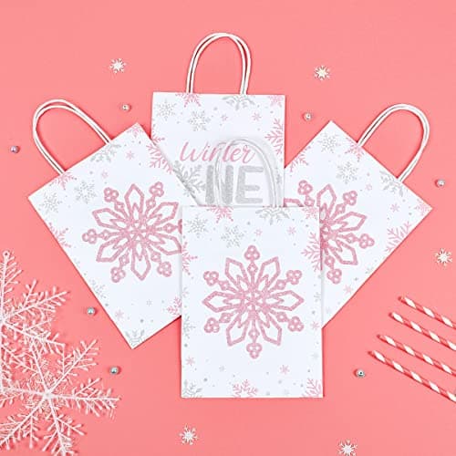 Fangleland Pink Silver Snowflake Birthday Party Bags 16pcs Winter Treats