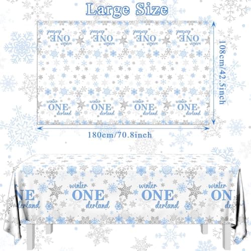 Winter Onederland Blue Silver Snowflake Tablecloth for 1st Birthday Boy's Party Decorations