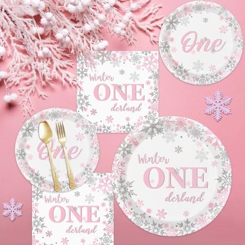Oigco Winter Onederland Pink & Silver Snowflake Plates & Napkins Set