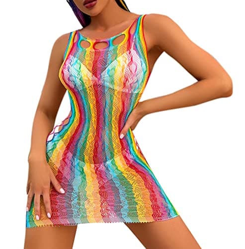 MINGSEECESS Women's Rainbow Striped See-Through Bodysuit Bikini Cover-Up