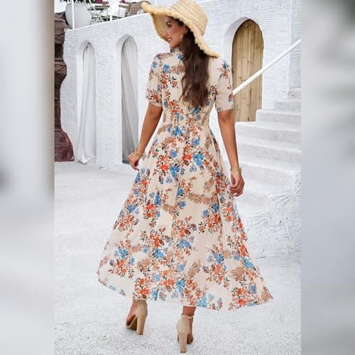 Boho Floral Printed Chiffon Maxi Dress for Women in Summer