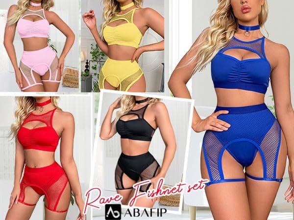 ABAFIP Women's Festival Rave Outfits: Fishnet Top & Shorts Choker Nightwear