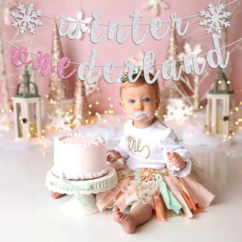 Ferburitar Snowflake Winter 1st Birthday Banner, Silver & Pink Glitter