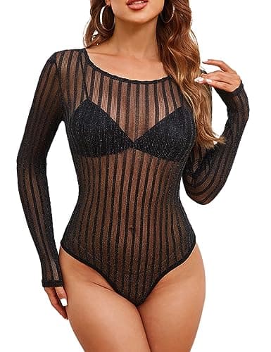 UEOIOW Women's Sheer Mesh Rhinestone Bodysuit Tops