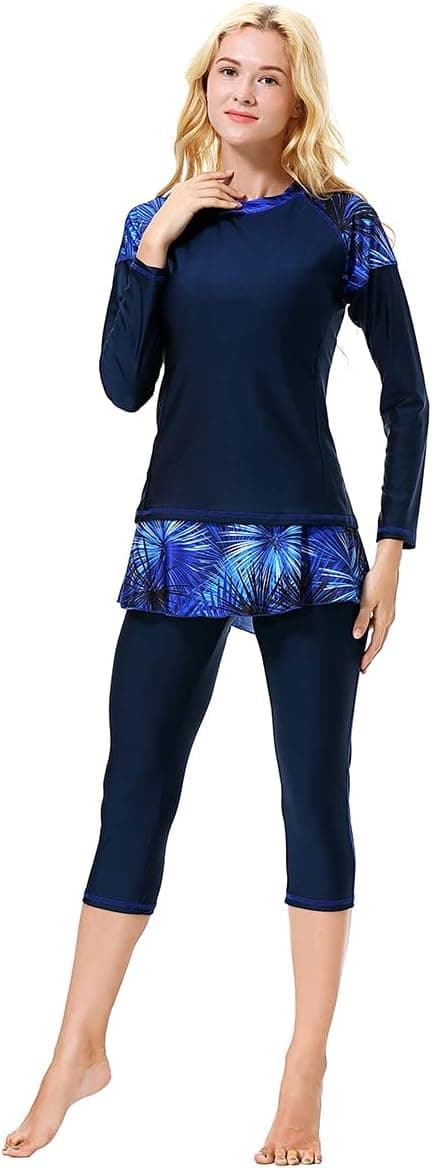 Women Burkini Swimsuits Modest Muslim Swimwear Islamic Long Sleeve Full Cover Hijab Top Skirted Swim Capris ​Pants Set