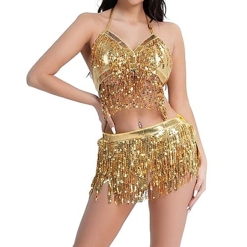Shiny Crop Top Fringe Skirt Music Festivals Clothes Halloween Cosplay Alien Costume