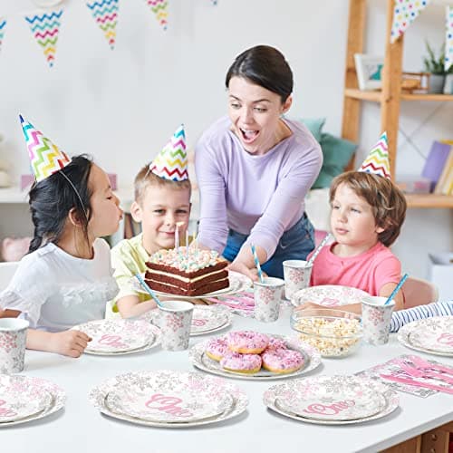 Jectivs Winter Onederland Pink & Silver Snowflake Plates & Napkins Set for 1st BirthdayParty Decor Serve 25