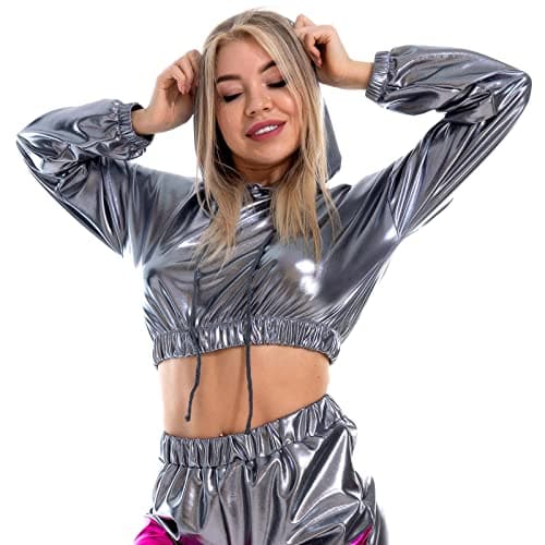 Womens Shiny Metallic Crop Top Hoodie