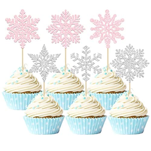 Gyufise 24 Pack Blue Silver Glitter Snowflake Cupcake Toppers for Winter Birthday