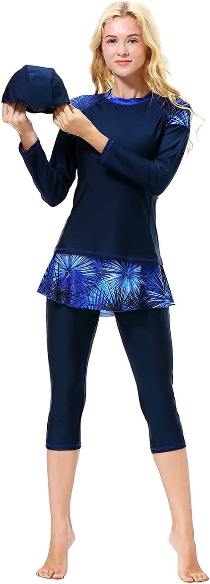 Women Burkini Swimsuits Modest Muslim Swimwear Islamic Long Sleeve Full Cover Hijab Top Skirted Swim Capris ​Pants Set