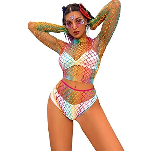 Rainbow Rave Outfit Fishnet Dress - Women's Music Festival Costume