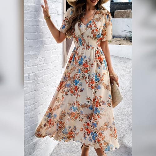 Boho Floral Printed Chiffon Maxi Dress for Women in Summer