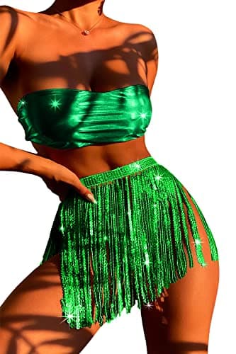 EVELUST Rave Outfits Women: Metallic Holographic Bodysuit & Sequin Tassels Skirt