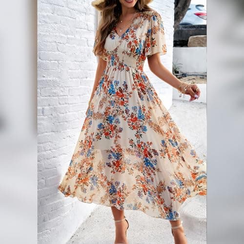 Boho Floral Printed Chiffon Maxi Dress for Women in Summer
