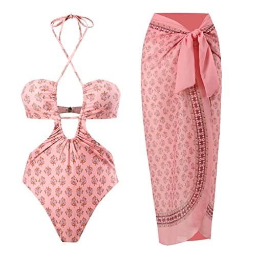 Women's Retro Floral Print Bikini Set with Beach Cover up
